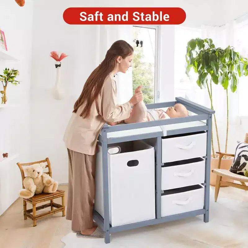Commode à Langer avec 3 Tiroirs et Panier à Linge
