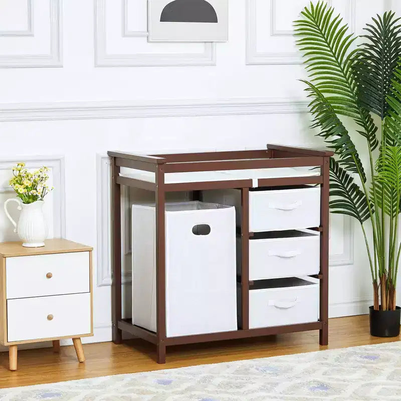 Commode à Langer avec 3 Tiroirs et Panier à Linge