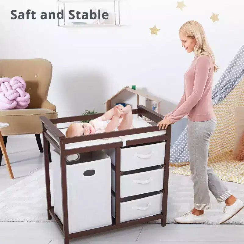 Commode à Langer avec 3 Tiroirs et Panier à Linge