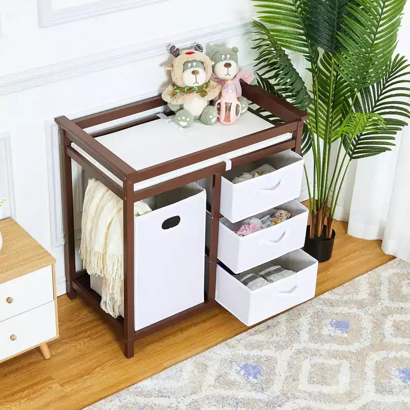 Commode à Langer avec 3 Tiroirs et Panier à Linge