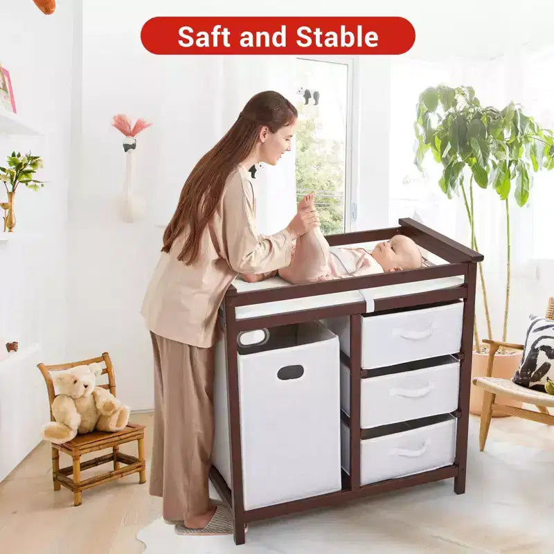 Commode à Langer avec 3 Tiroirs et Panier à Linge