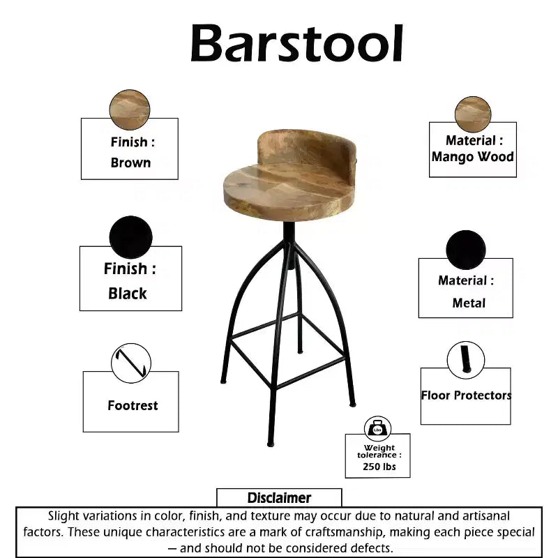 Tabouret pivotant industriel réglable avec dossier 30-35" - Marron/Noir