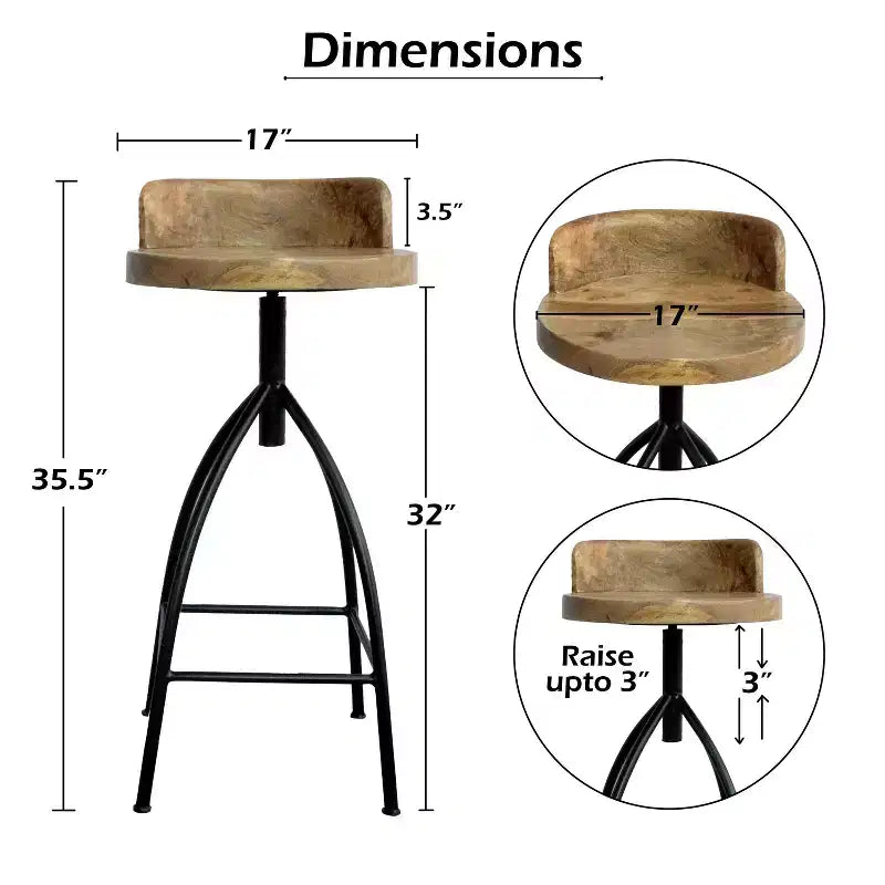 Tabouret pivotant industriel réglable avec dossier 30-35" - Marron/Noir