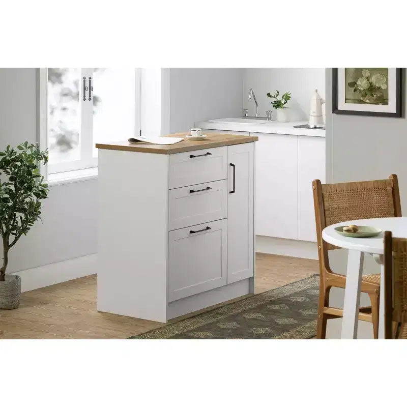 Îlot de cuisine compact avec 3 tiroirs et placard de rangement - Blanc/Noix de muscade