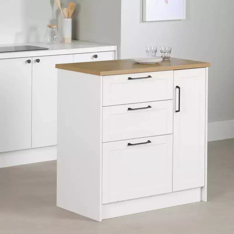 Îlot de cuisine compact avec 3 tiroirs et placard de rangement - Blanc/Noix de muscade