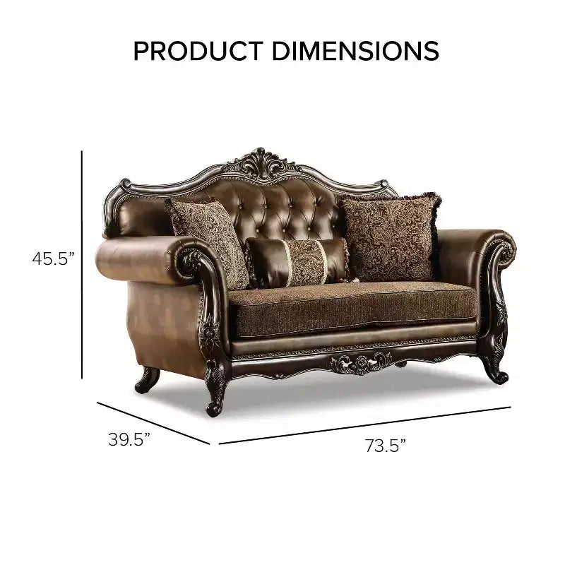 Causeuse traditionnelle 73 po avec garniture cloutée et coussins décoratifs – Brun