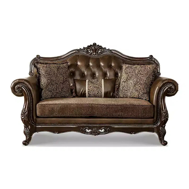Causeuse traditionnelle 73 po avec garniture cloutée et coussins décoratifs – Brun