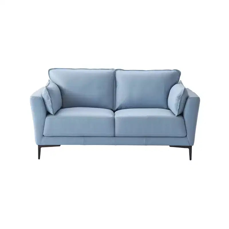 Canapé 68 po en cuir pleine fleur bleu clair avec pieds en métal et garniture cloutée