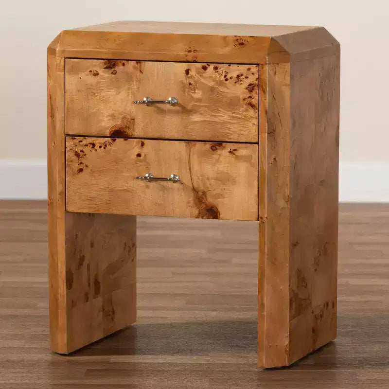 Table de chevet en loupe avec 2 tiroirs