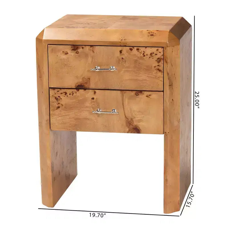 Table de chevet en loupe avec 2 tiroirs