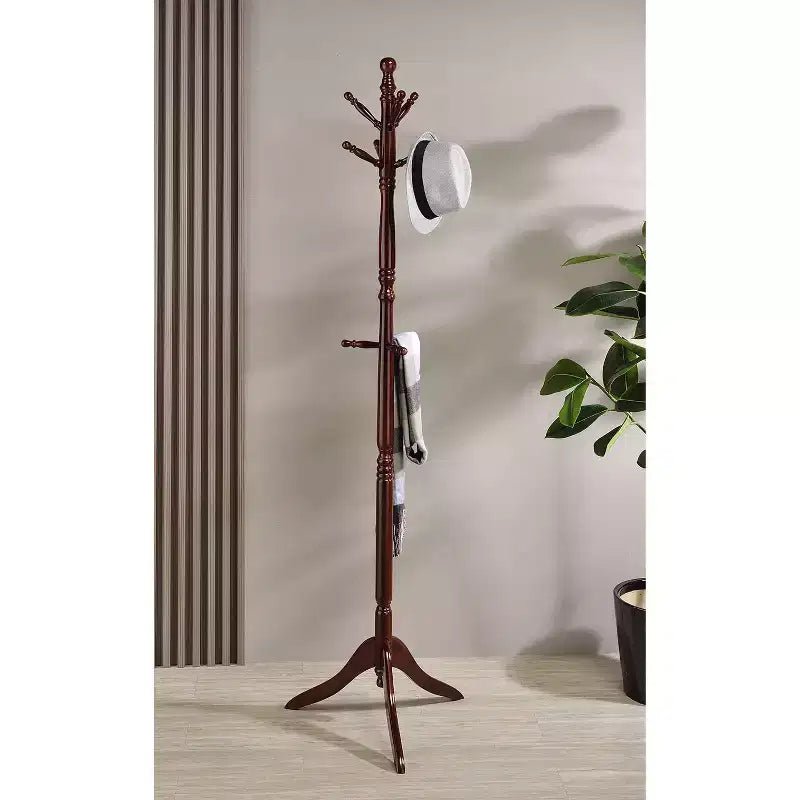 Porte-manteau tournant en merisier de 181,6 cm avec support à parapluie et crochets à deux niveaux