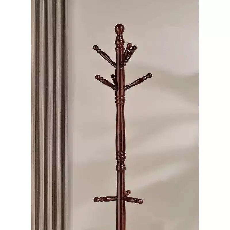 Porte-manteau tournant en merisier de 181,6 cm avec support à parapluie et crochets à deux niveaux