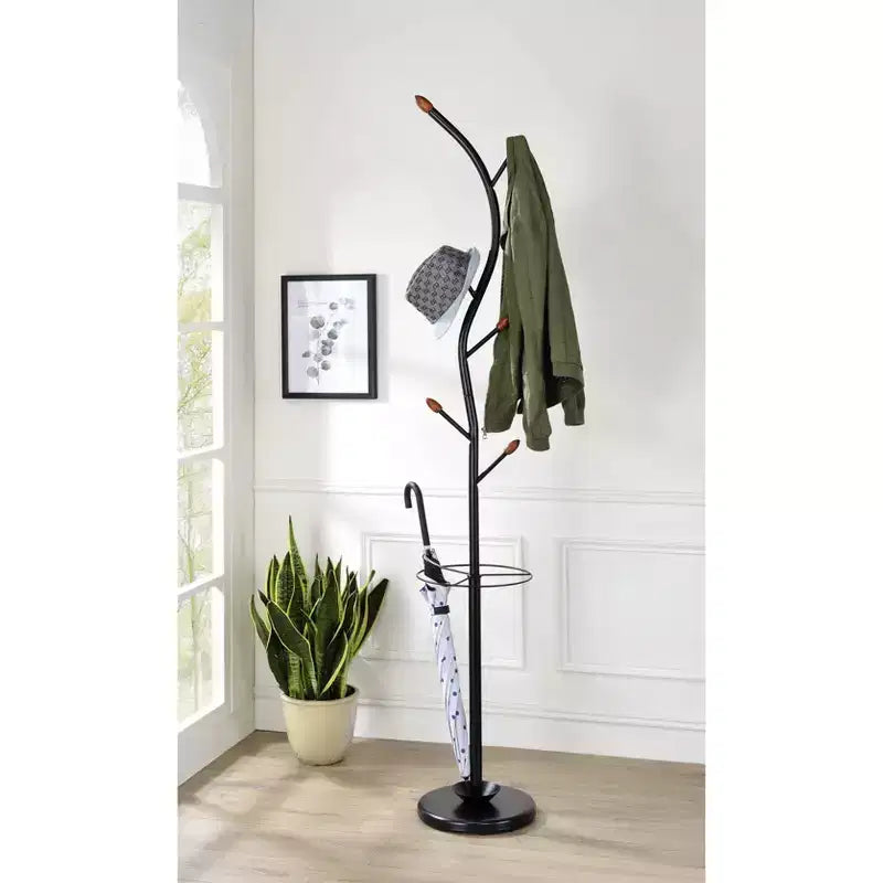 Porte-manteau arbre noir de 193 cm avec patères en noyer et support pour parapluies