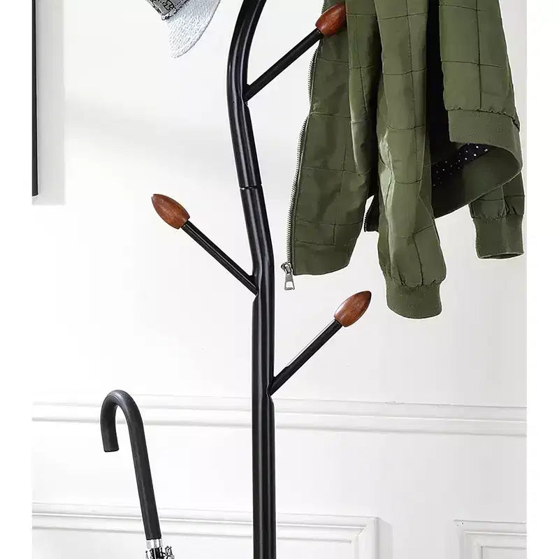 Porte-manteau arbre noir de 193 cm avec patères en noyer et support pour parapluies