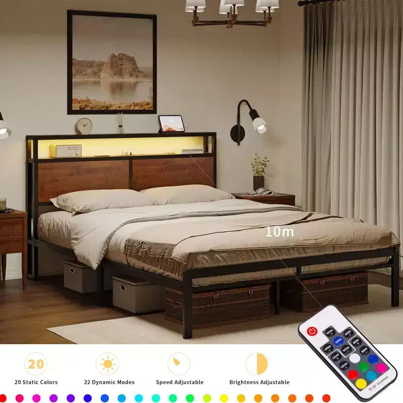 Cadre de lit Queen avec tête de lit de rangement, prises USB et CA, éclairage LED