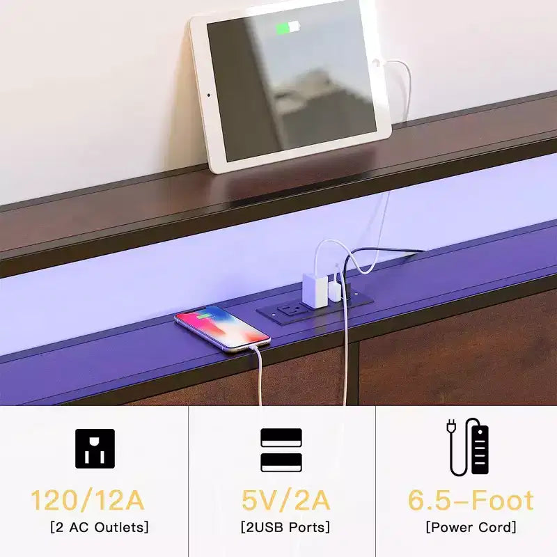 Cadre de lit Queen avec tête de lit de rangement, prises USB et CA, éclairage LED