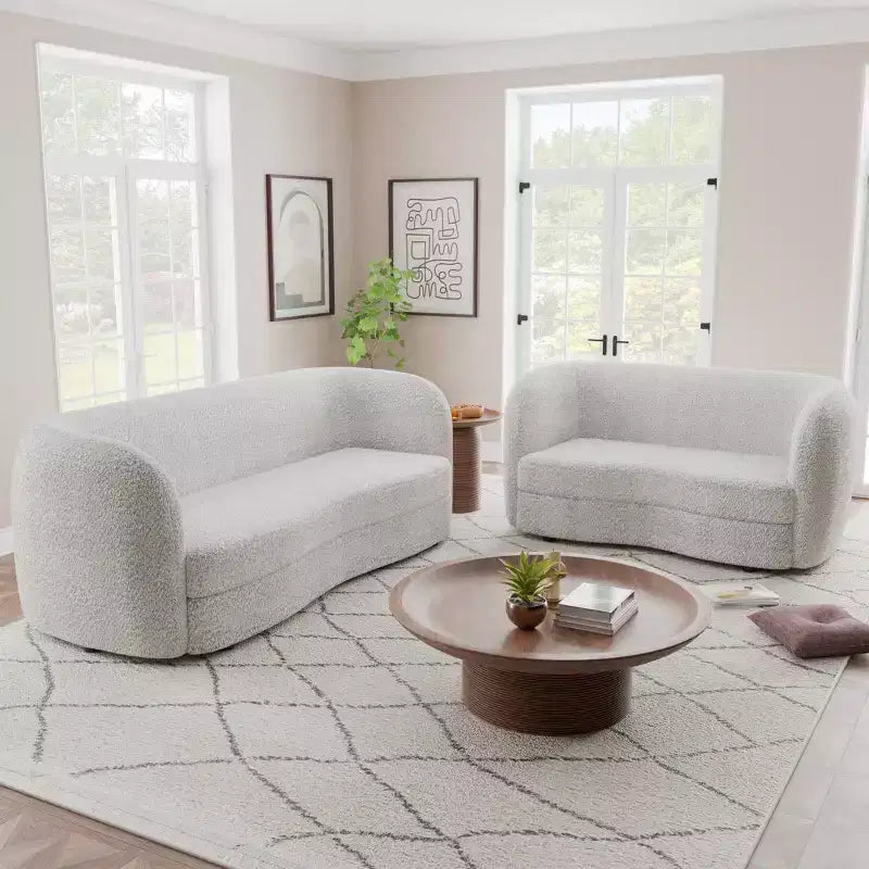 Causeuse incurvée en tissu bouclé bohème de 162 cm avec coussins à ressorts ensachés