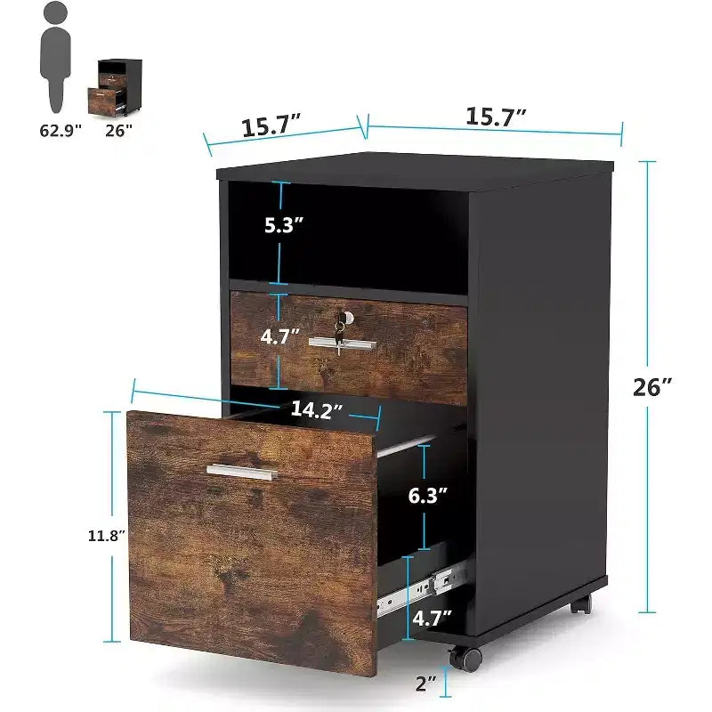 Classeur en bois à 2 tiroirs avec serrure et roulettes