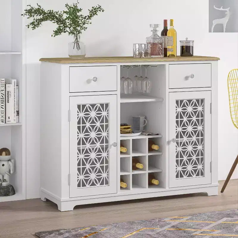 Meuble bar de 119 cm avec portes vitrées et motif sérigraphié