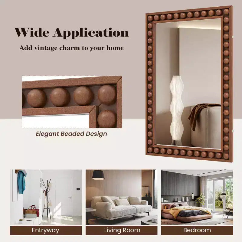 Miroir mural décoratif rustique de 61 x 91 cm avec cadre en bois perlé - Marron/Blanc