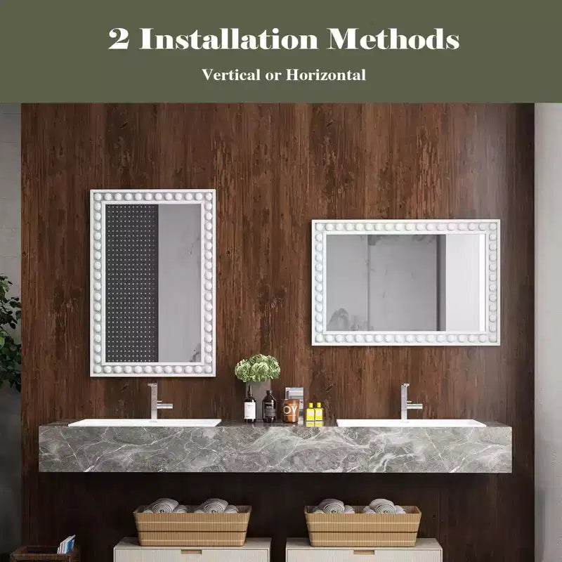 Miroir mural décoratif rustique de 61 x 91 cm avec cadre en bois perlé - Marron/Blanc