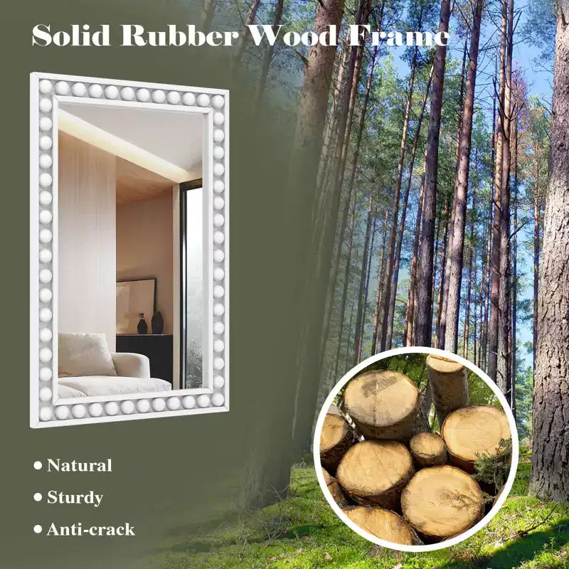 Miroir mural décoratif rustique de 61 x 91 cm avec cadre en bois perlé - Marron/Blanc