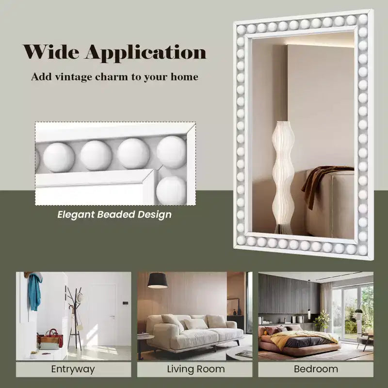 Miroir mural décoratif rustique de 61 x 91 cm avec cadre en bois perlé - Marron/Blanc