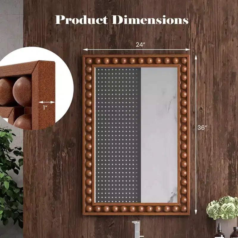 Miroir mural décoratif rustique de 61 x 91 cm avec cadre en bois perlé - Marron/Blanc