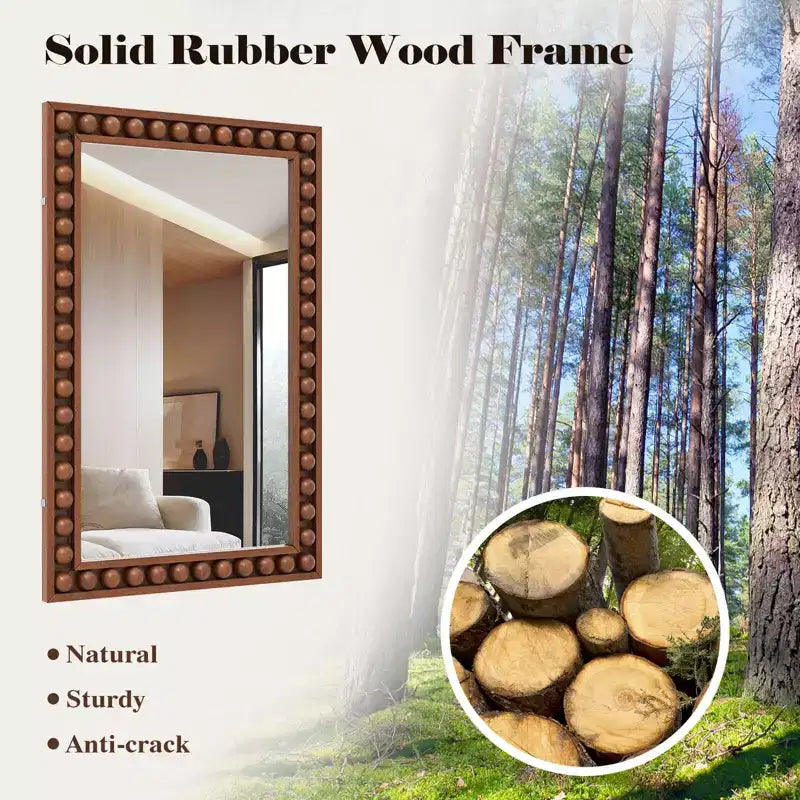 Miroir mural décoratif rustique de 61 x 91 cm avec cadre en bois perlé - Marron/Blanc