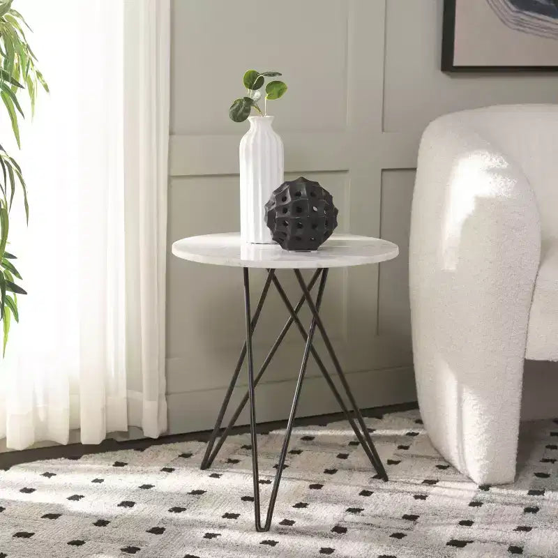 Table d'appoint ronde en marbre - Marbre blanc/Pieds épingle noirs
