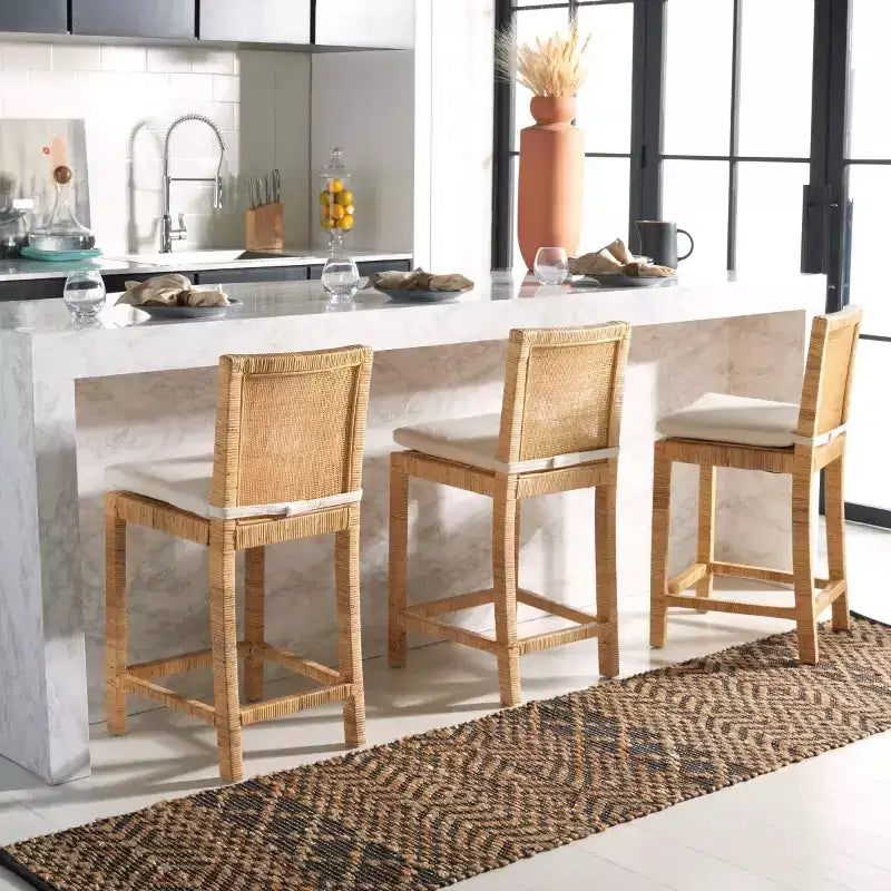 Tabouret de comptoir en rotin avec coussin - Blanc/Naturel