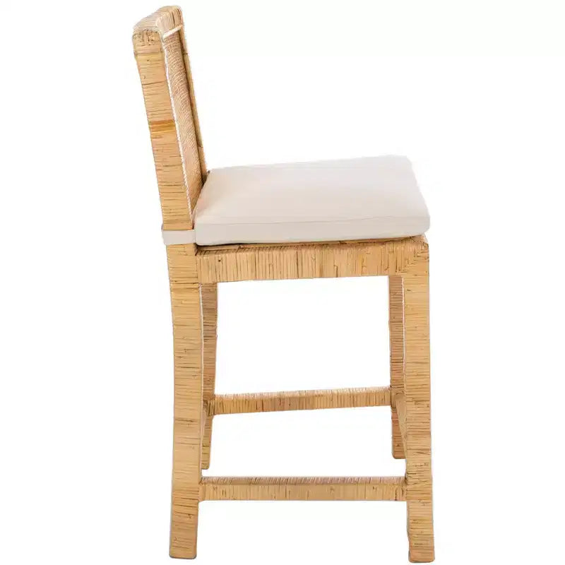Tabouret de comptoir en rotin avec coussin - Blanc/Naturel