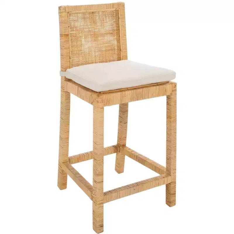 Tabouret de comptoir en rotin avec coussin - Blanc/Naturel