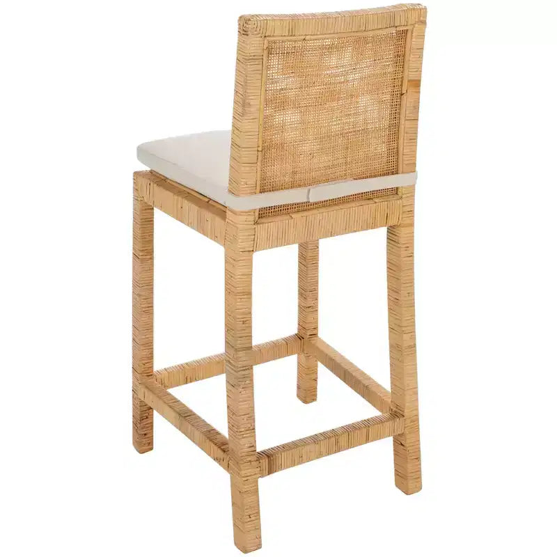 Tabouret de comptoir en rotin avec coussin - Blanc/Naturel