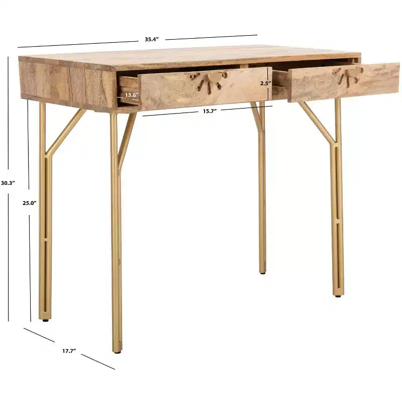 Bureau 2 tiroirs en manguier - Naturel/Laiton