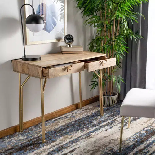 Bureau 2 tiroirs en manguier - Naturel/Laiton
