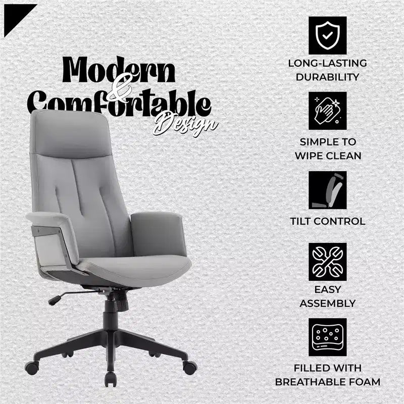 Chaise de bureau ergonomique en cuir à dossier haut avec hauteur, inclinaison et pivotement réglables