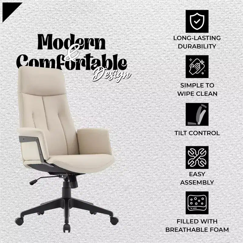 Chaise de bureau ergonomique en cuir à dossier haut avec hauteur, inclinaison et pivotement réglables