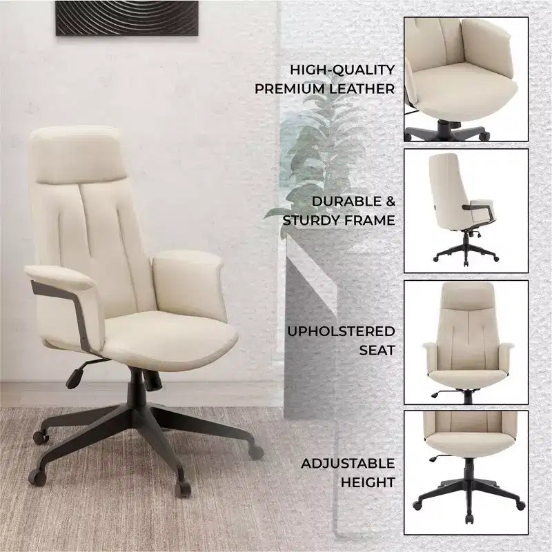Chaise de bureau ergonomique en cuir à dossier haut avec hauteur, inclinaison et pivotement réglables