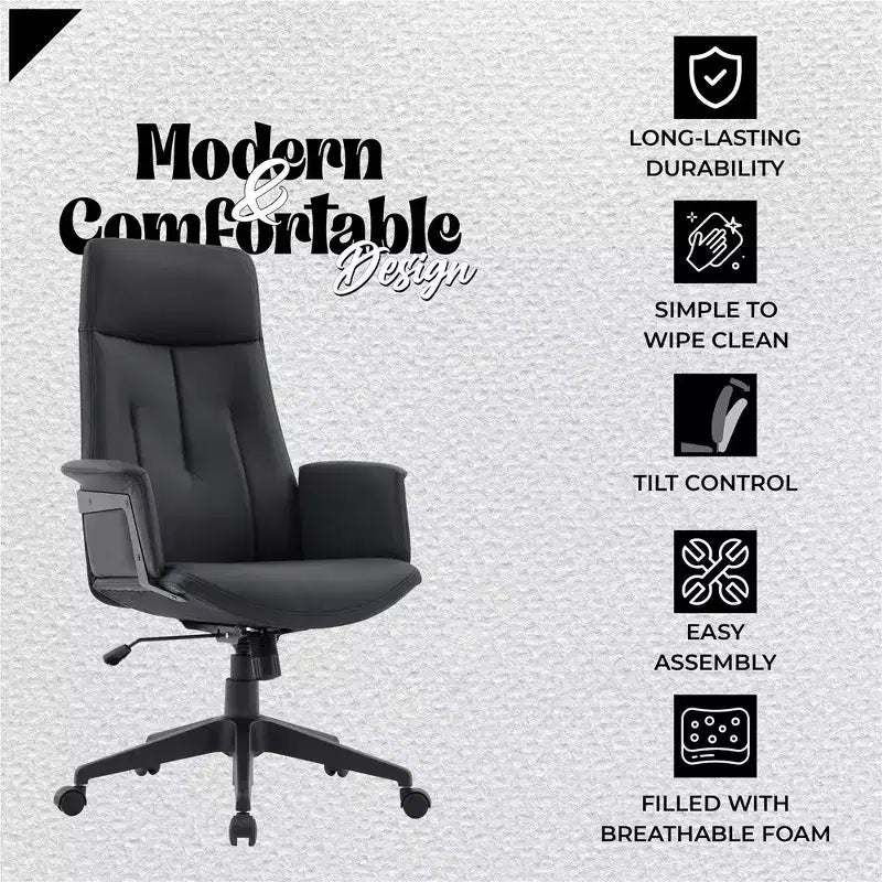 Chaise de bureau ergonomique en cuir à dossier haut avec hauteur, inclinaison et pivotement réglables