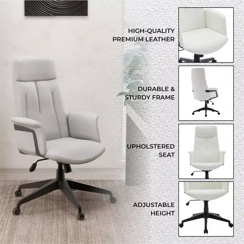 Chaise de bureau ergonomique en cuir à dossier haut avec hauteur, inclinaison et pivotement réglables