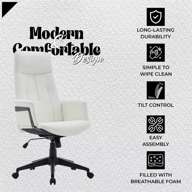 Chaise de bureau ergonomique en cuir à dossier haut avec hauteur, inclinaison et pivotement réglables