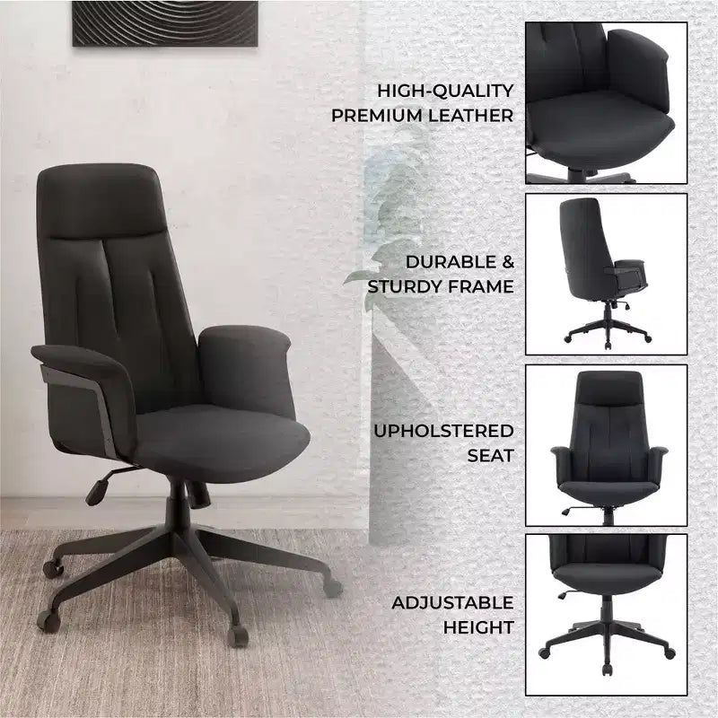 Chaise de bureau ergonomique en cuir à dossier haut avec hauteur, inclinaison et pivotement réglables