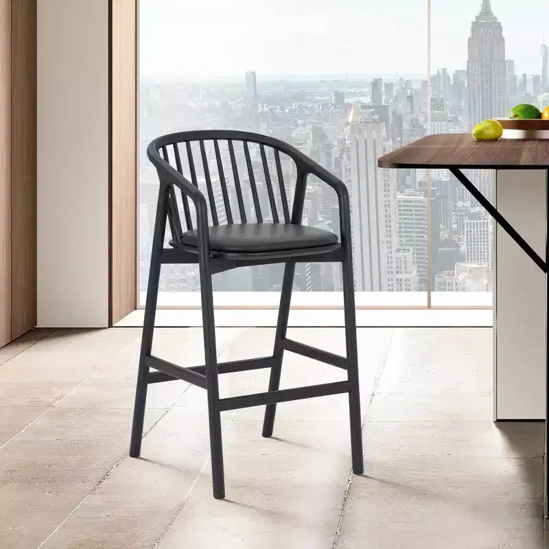 Tabouret de bar avec accoudoirs en bois et similicuir