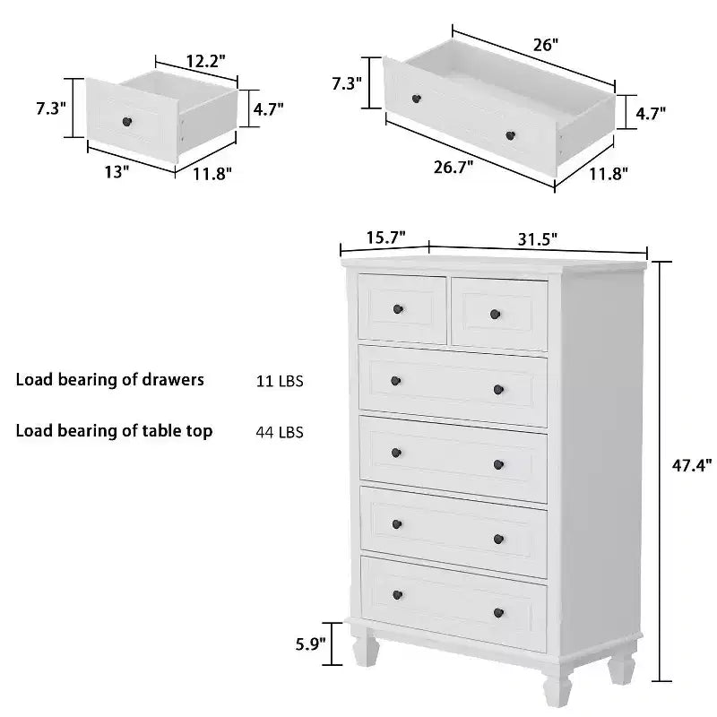 Commode verticale blanche moderne à 6 tiroirs avec pieds robustes et poignées métalliques