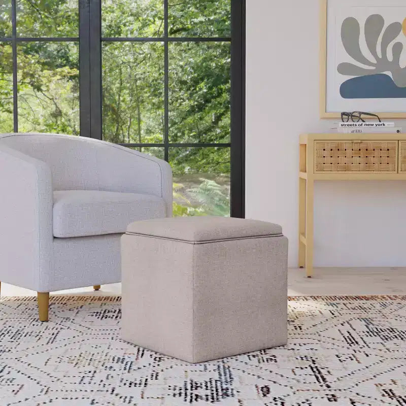 Pouf de rangement tissé crème avec plateau