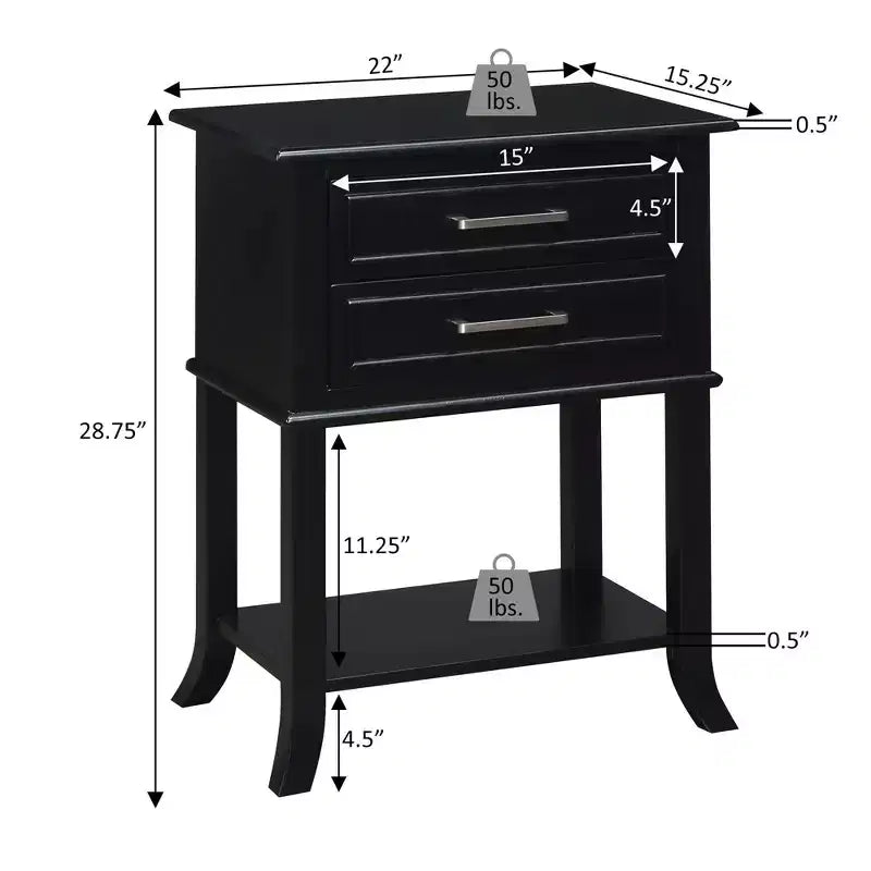 Table d'appoint à 2 tiroirs avec étagère - Noir
