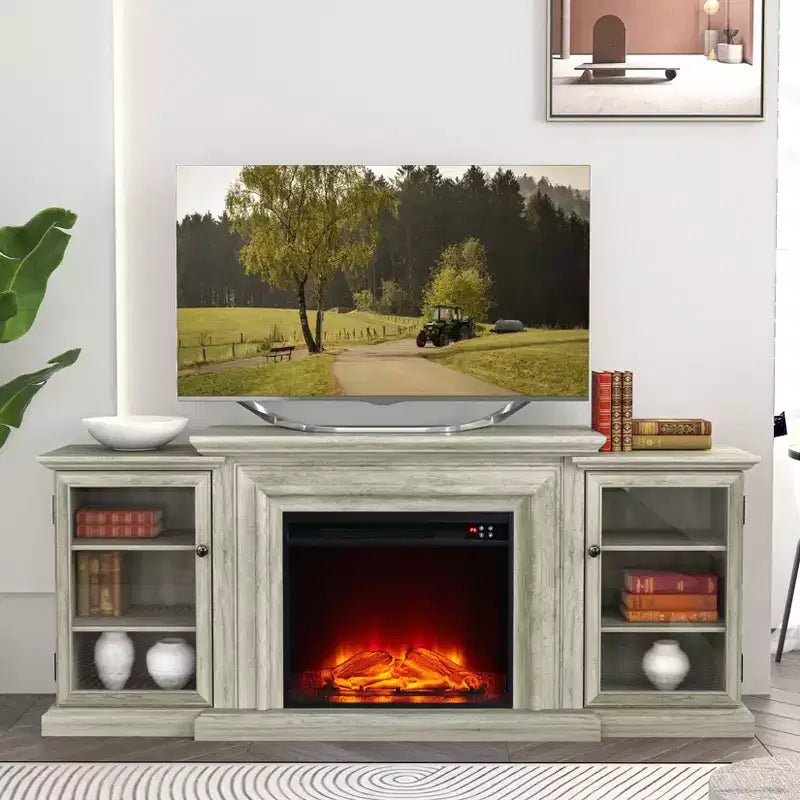 Meuble TV vintage avec cheminée électrique pour téléviseurs jusqu'à 70"