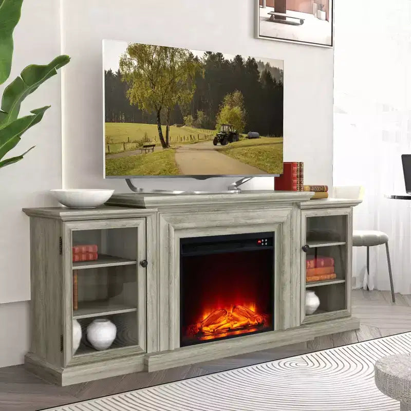 Meuble TV vintage avec cheminée électrique pour téléviseurs jusqu'à 70"
